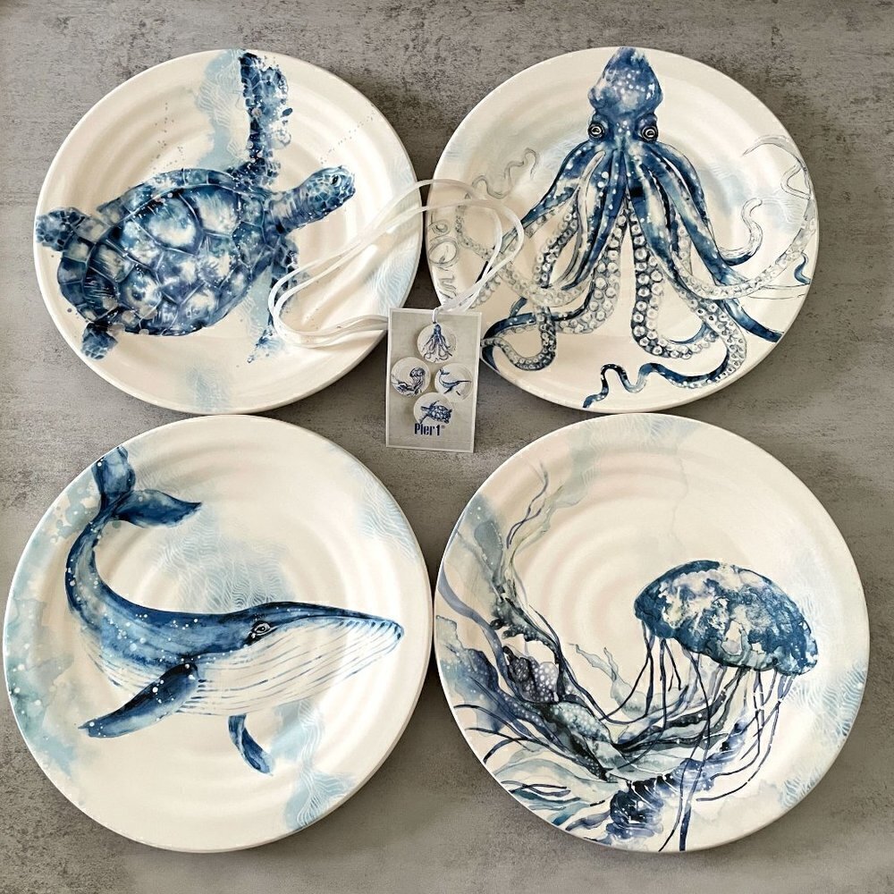 NWT Pier 1 Sea Life Adventure Set/4 Salad Plates Octopus Whale Jellyfish Turtle